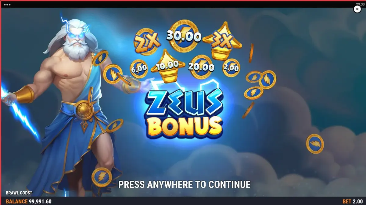 Tampilan layar permainan slot Brawl Gods dengan tema Zeus dan Hades