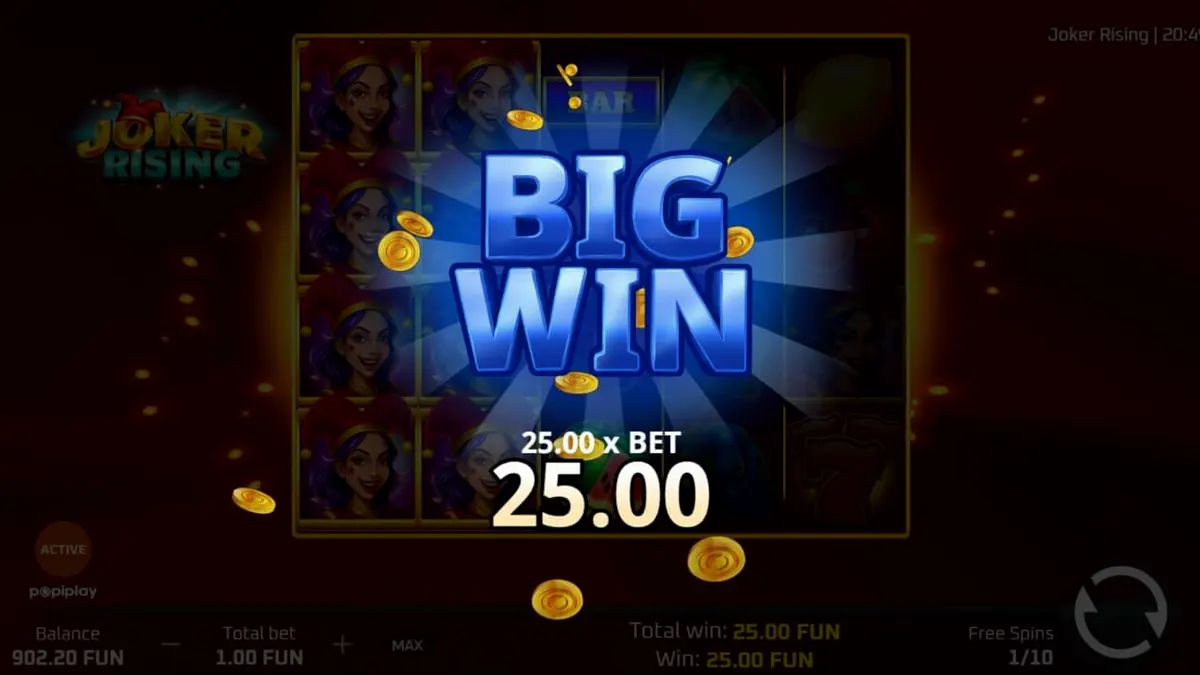 Tampilan visual slot Joker Rising dengan simbol buah neon dan karakter Joker yang ceria.