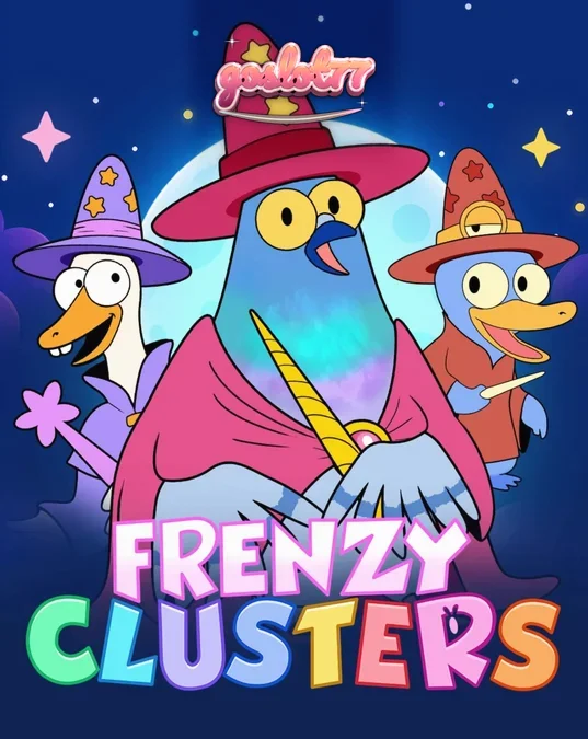 Tampilan antarmuka slot Frenzy Clusters dengan karakter pahlawan dan grid 7x7